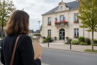 Personne tenant des documents administratifs devant une mairie française, dans une ambiance sobre et respectueuse.