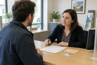 Usager échangeant avec un agent municipal au guichet d’une mairie française pour une demande d’état civil.